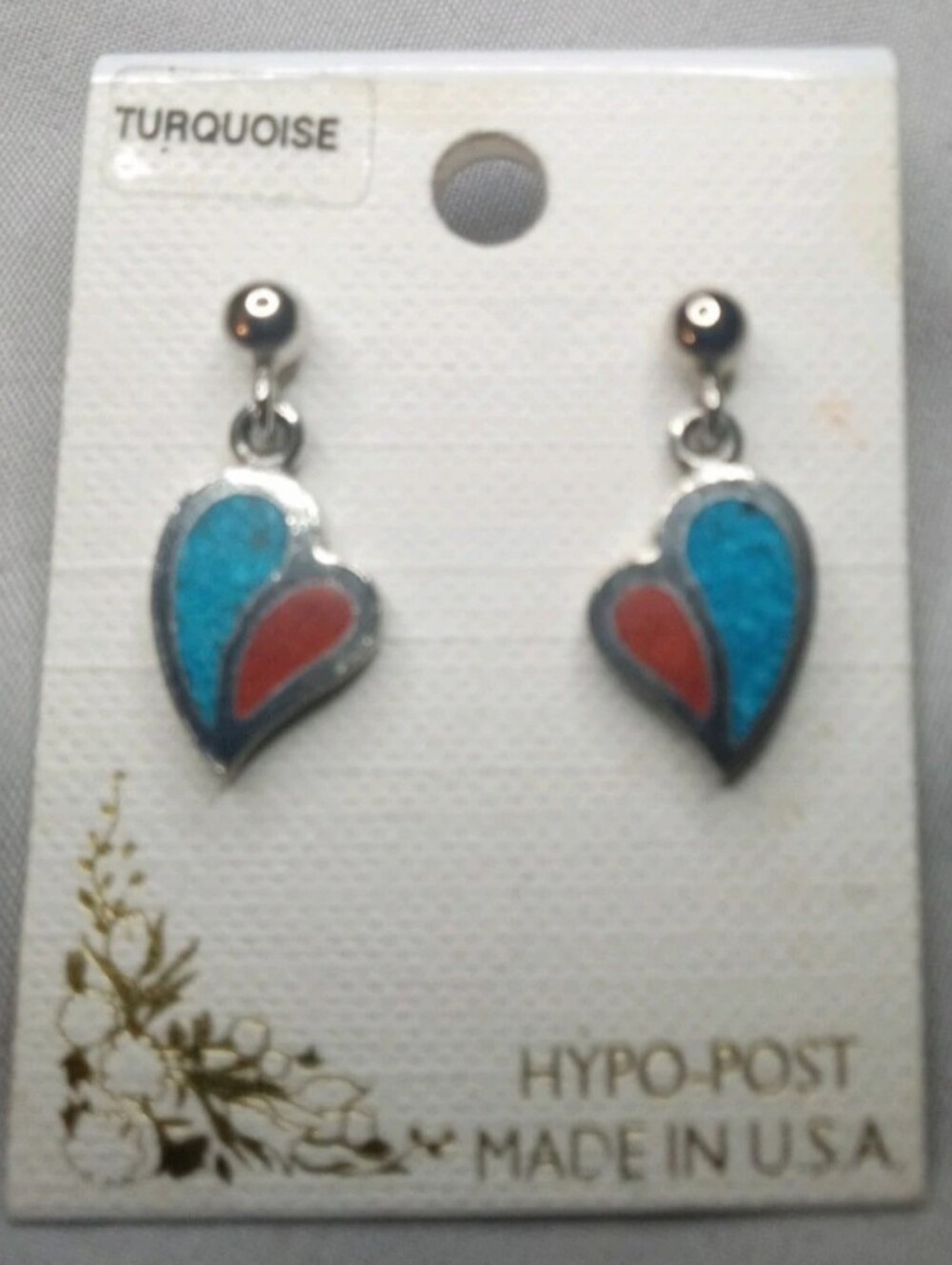 Vintage Coral Turquoise Earrings Heart Pierced Earrings Silver Tone Dangle